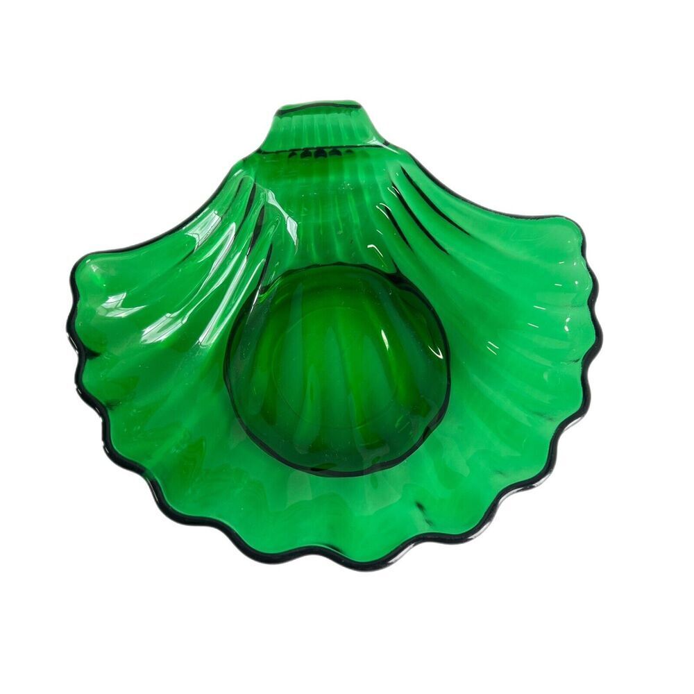 Vintage Anchor Hocking Emerald Green Shell Clam Glass Trinket Candy Soap Dish